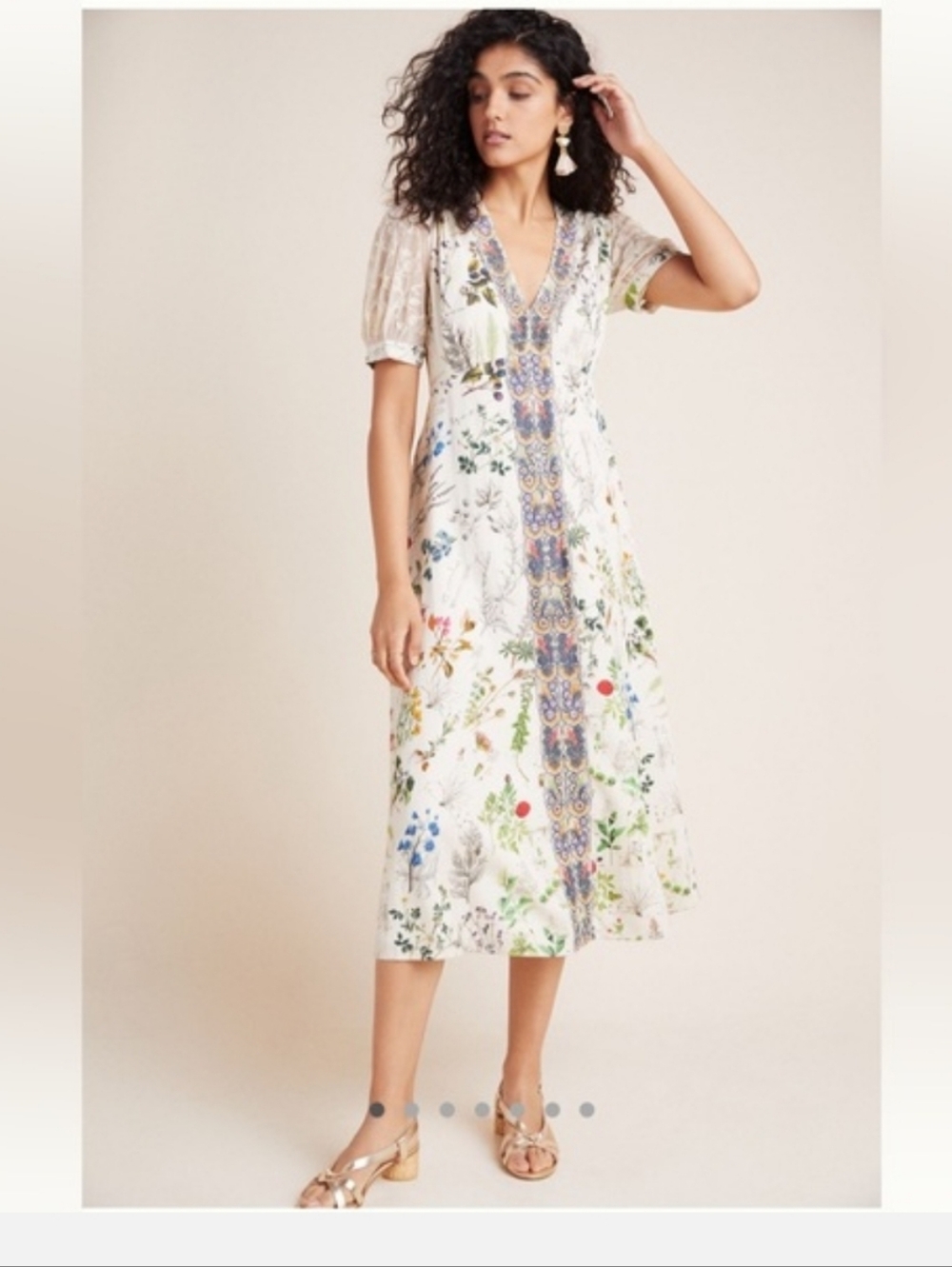Anthropologie White Floral Midi Dress with Multicolor Print